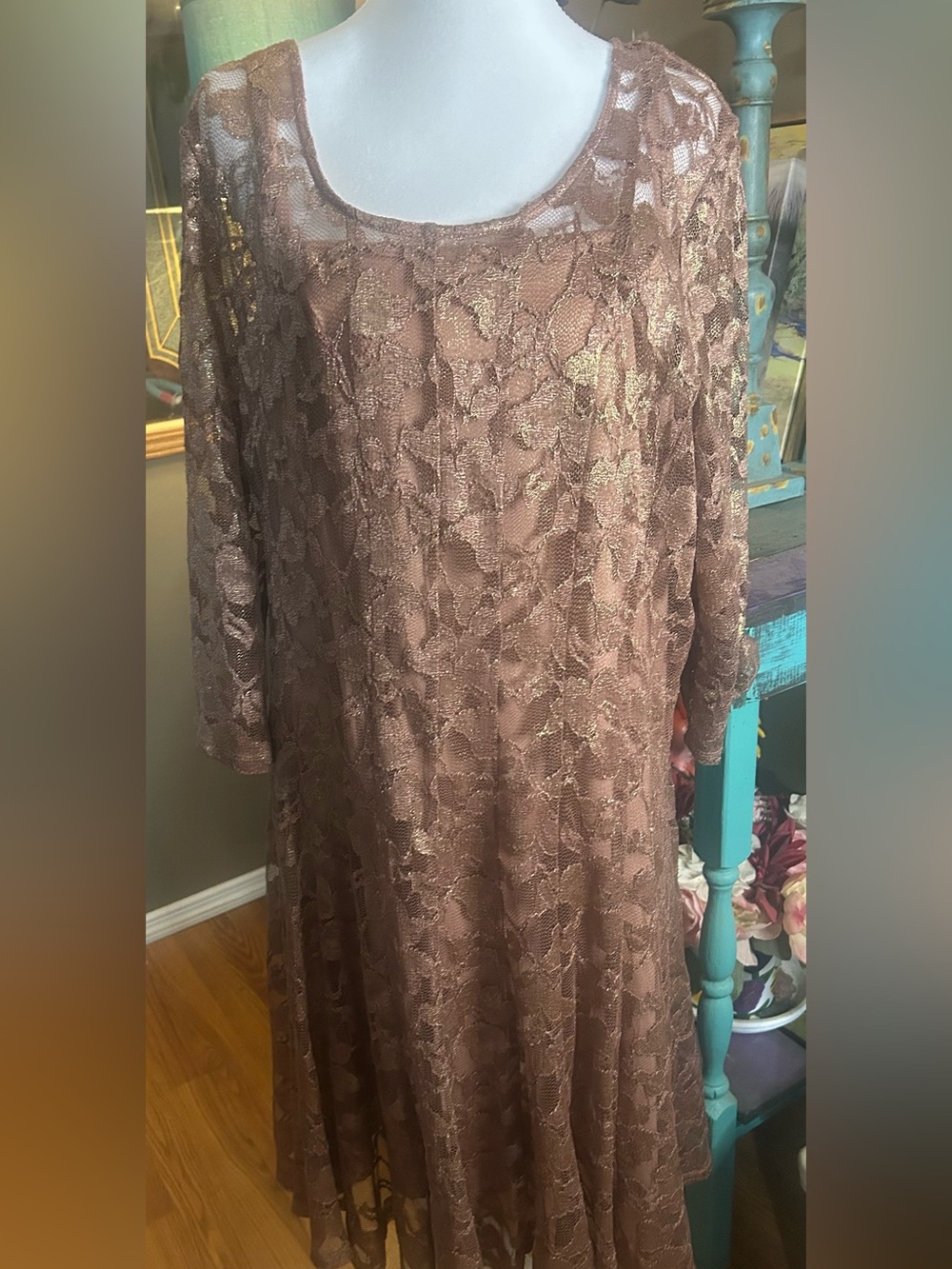 LE Rose Gold Metallic Lace Fit & Flare Dress Women’s 22W